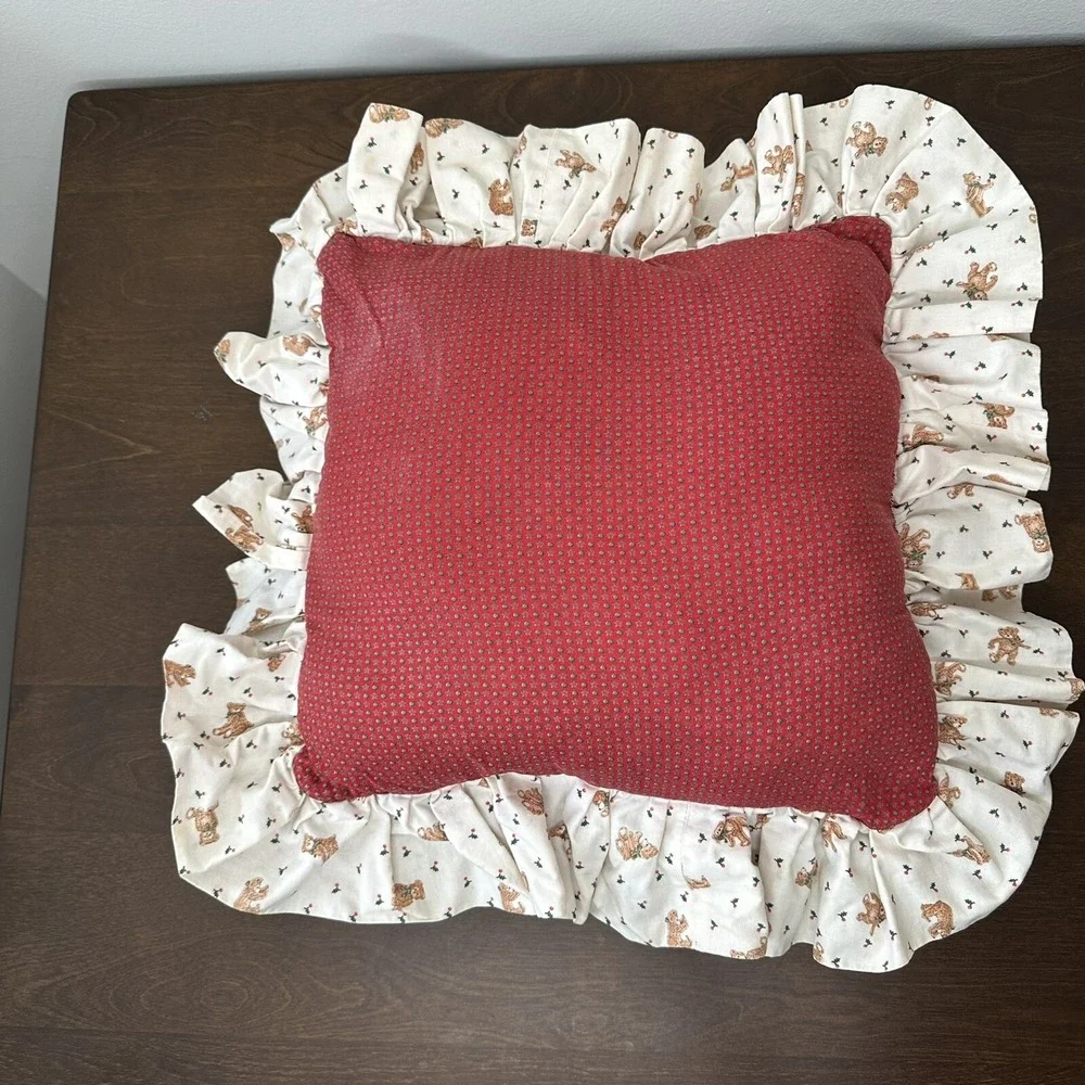 Vintage Christmas Quilted Pillow Handmade Throw Pillow Shabby Cottage Bear Red
